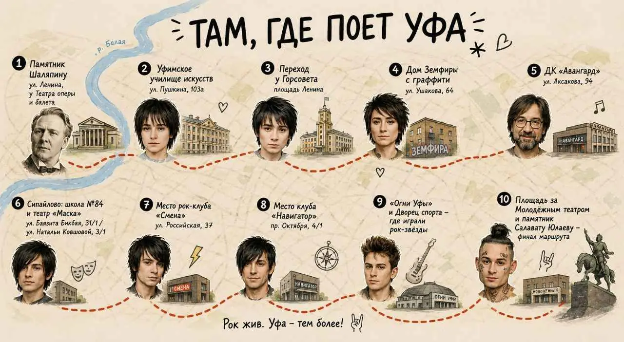 Как за один день пройти по следам Земфиры*, Lumen и Шевчука: подробный маршрут для меломанов по Уфе