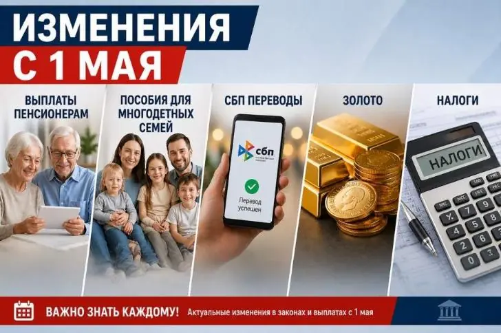 Изменения с 1 мая: выплаты пенсионерам, пособия для многодетных семей, СБП переводы, золото и налоги 