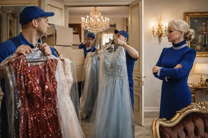 Долина начала переезд из квартиры Лурье. Грузчики пакуют в «Газель» её бесчисленные платья 