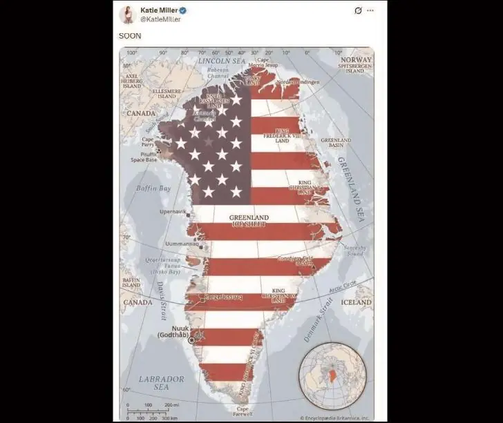 «Скоро». Жена советника Трампа выложила карту Гренландии в цветах флага США