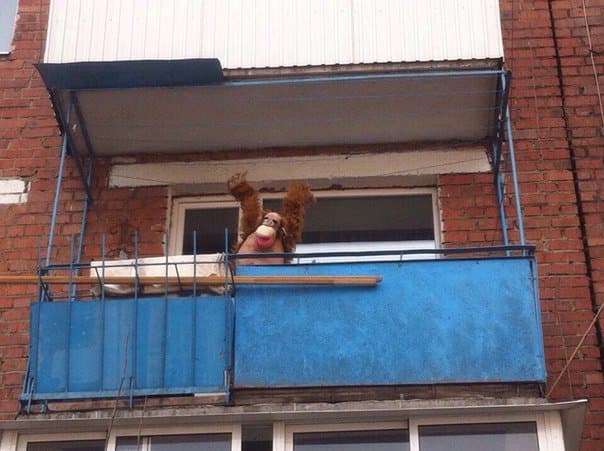 Дразнит прохожих с балкона