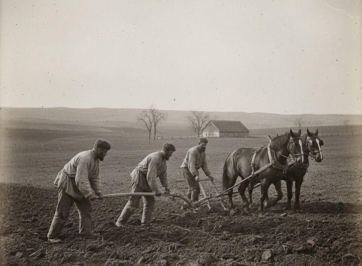 крестьяне пашут землю на хуторе